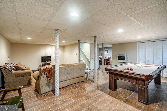260 Shirley Ln, Pennsburg, PA 18073 - game room with heating unit, pool table, recessed lighting, wood tiled floors, and a paneled ceiling