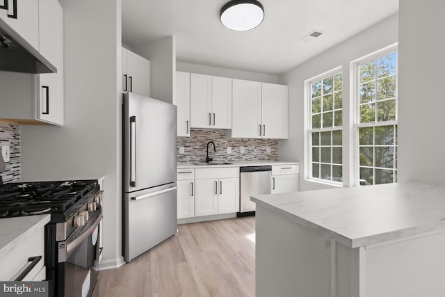 kitchen with stainless steel appliances, extractor fan, a sink, tasteful backsplash, and light wood-style floors