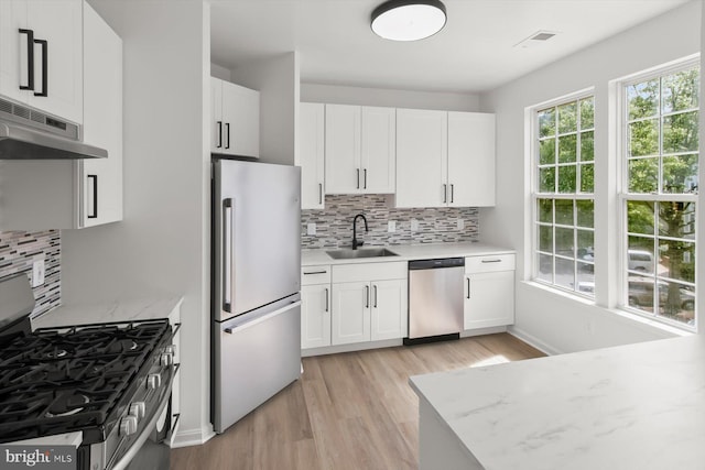 kitchen featuring stainless steel appliances, a sink, light wood-style flooring, and decorative backsplash
