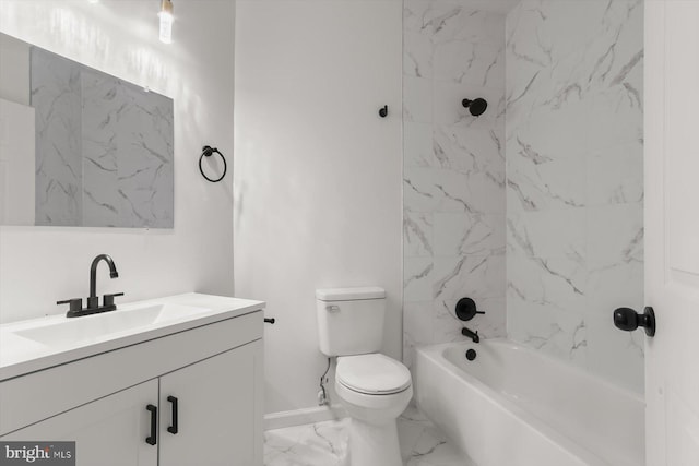 bathroom featuring marble finish flooring, vanity, toilet, baseboards, and shower / tub combination
