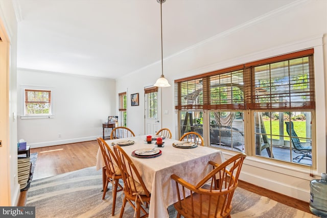 dining room with wood finished floors, baseboards, and ornamental molding