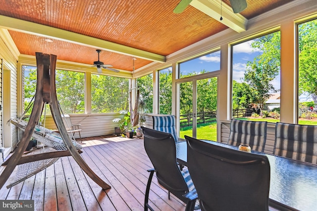 sunroom / solarium featuring a ceiling fan, plenty of natural light, and beamed ceiling
