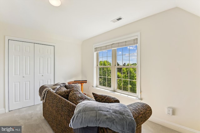 living area with light colored carpet, baseboards, and lofted ceiling