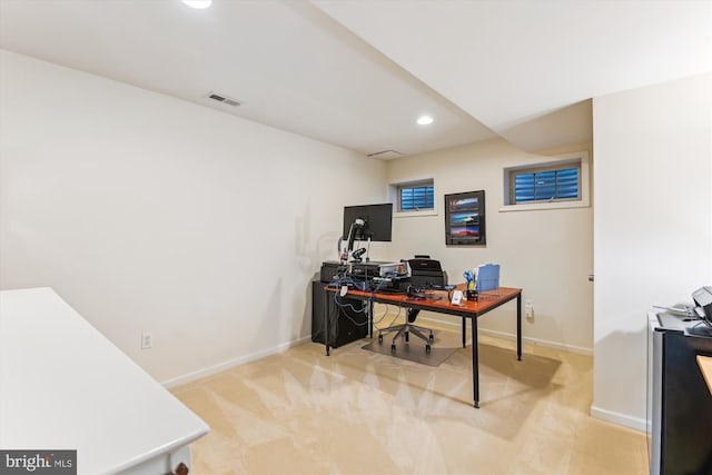home office with light carpet, baseboards, and recessed lighting