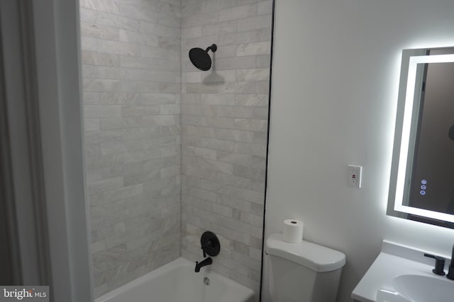 full bathroom featuring toilet,  shower combination, and vanity