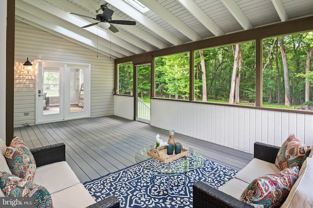 9609 Low Meadow Dr, Gaithersburg, MD 20882 - sunroom / solarium featuring ceiling fan, a skylight, and outdoor lounge area
