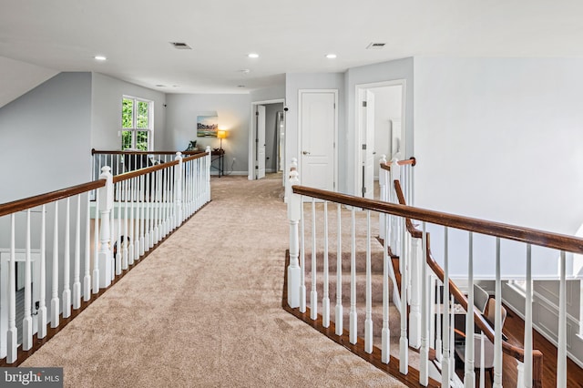 9609 Low Meadow Dr, Gaithersburg, MD 20882 - hall featuring recessed lighting, carpet floors, baseboards, and an upstairs landing