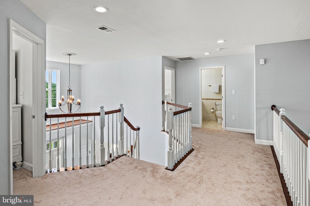 9609 Low Meadow Dr, Gaithersburg, MD 20882 - hallway featuring an upstairs landing, a chandelier, carpet, baseboards, and recessed lighting