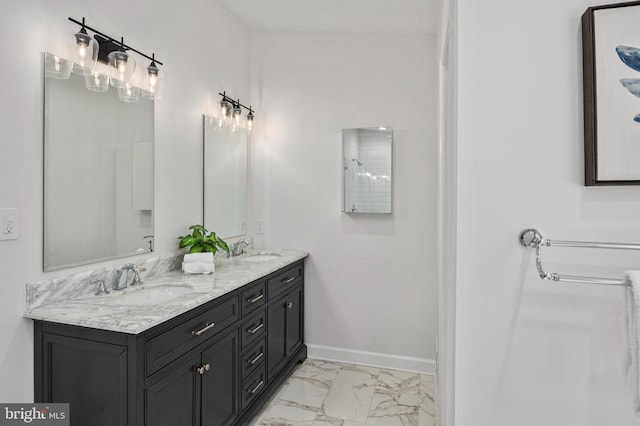 9609 Low Meadow Dr, Gaithersburg, MD 20882 - full bath featuring marble finish flooring, double vanity, and baseboards