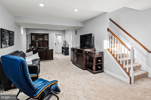 9609 Low Meadow Dr, Gaithersburg, MD 20882 - living room with light carpet, baseboards, stairs, and recessed lighting
