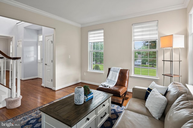9609 Low Meadow Dr, Gaithersburg, MD 20882 - living area with stairway, wood finished floors, ornamental molding, and baseboards