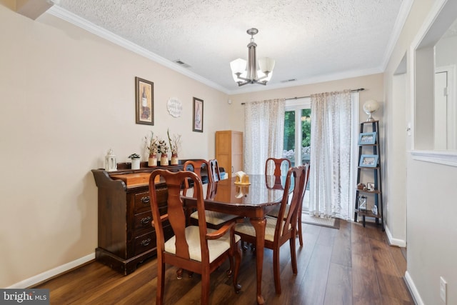 318 Spring Lake Blvd, Browns Mills, NJ 08015 - dining space with a chandelier, a textured ceiling, dark wood-style floors, ornamental molding, and baseboards