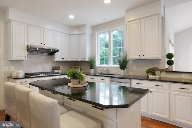 kitchen featuring under cabinet range hood, a sink, appliances with stainless steel finishes, dark countertops, and recessed lighting