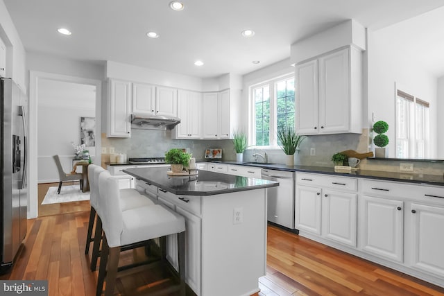 kitchen featuring stainless steel appliances, under cabinet range hood, dark countertops, white cabinets, and recessed lighting