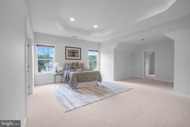 bedroom featuring light colored carpet, multiple windows, a raised ceiling, recessed lighting, and ornamental molding