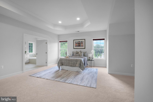 bedroom with a raised ceiling, crown molding, carpet, recessed lighting, and multiple windows