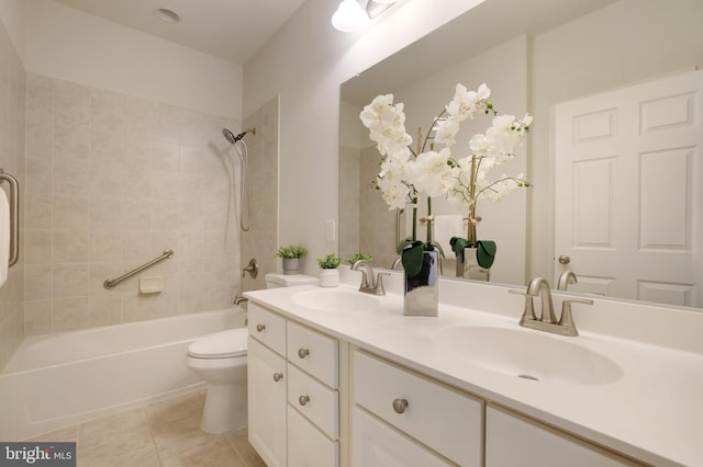 full bathroom with toilet,  shower combination, double vanity, and tile patterned floors