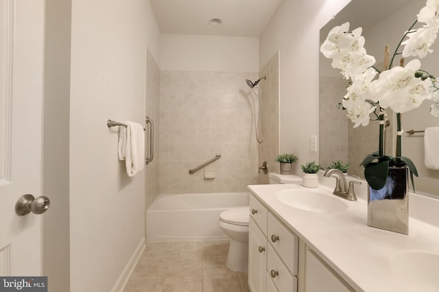 full bath featuring toilet, double vanity, tile patterned floors, and shower / tub combination