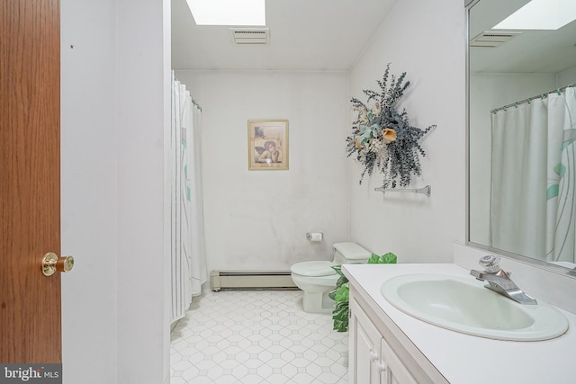 230 Casperson St, Gibbstown, NJ 08027 - full bath with a baseboard heating unit, vanity, toilet, tile patterned floors, and a shower with curtain