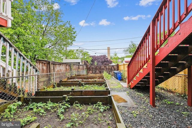 fenced backyard with stairs and a vegetable garden