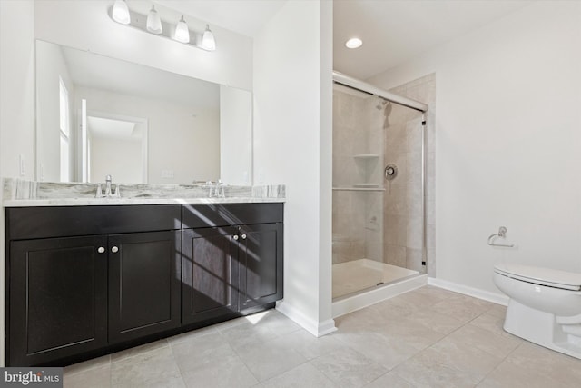 full bath with baseboards, toilet, a shower stall, and tile patterned flooring