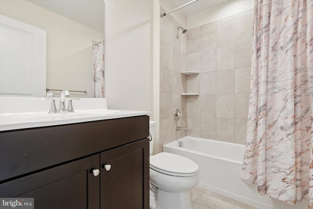 full bathroom with toilet, vanity, shower / bathtub combination with curtain, and tile patterned floors