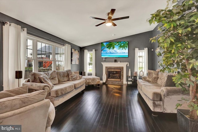 3202 Nash Rd, Reading, PA 19608 - living area featuring a ceiling fan, dark wood-type flooring, vaulted ceiling, and a premium fireplace