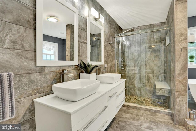 3202 Nash Rd, Reading, PA 19608 - full bath with tile walls, a stall shower, double vanity, and marble finish floors