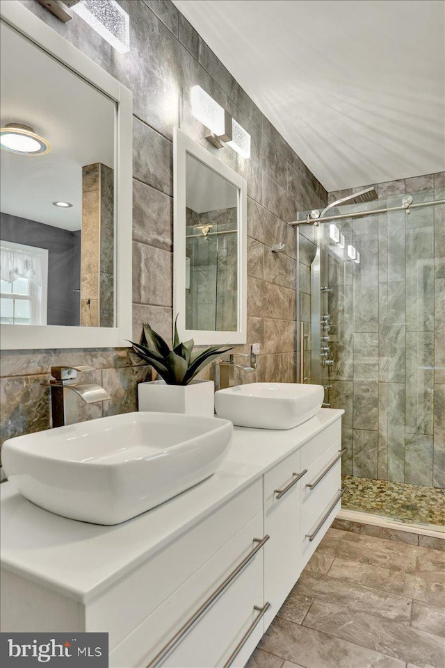 3202 Nash Rd, Reading, PA 19608 - full bath featuring tile walls, a shower stall, and double vanity