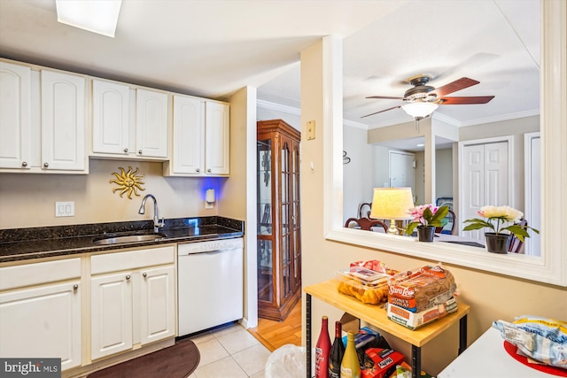 6300 Stevenson Ave Unit 523, Alexandria, VA 22304 - kitchen with white dishwasher, a sink, ornamental molding, ceiling fan, and white cabinets