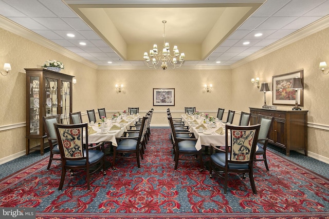 900 N Taylor St Unit 731, Arlington, VA 22203 - dining space featuring dark carpet, crown molding, a chandelier, a textured wall, and recessed lighting