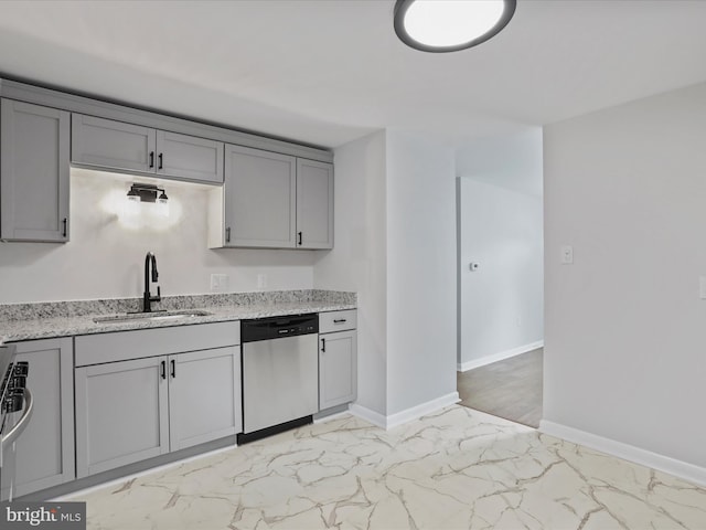 230 Allison Ave, Winchester, VA 22601 - kitchen featuring stainless steel dishwasher, gray cabinetry, light marble finish flooring, and light stone counters