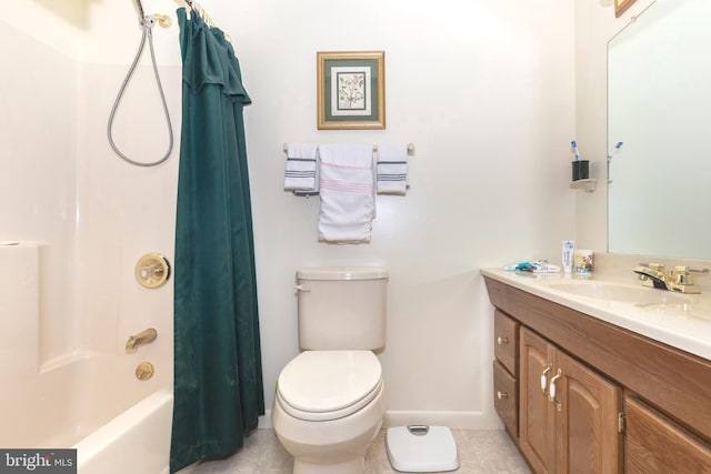 full bath featuring baseboards, toilet, tile patterned flooring, vanity, and shower / tub combo with curtain