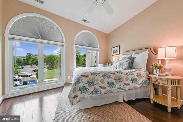 2012 Quay Village Ct Unit 202, Annapolis, MD 21403 - bedroom with hardwood / wood-style floors, vaulted ceiling, ceiling fan, and access to exterior