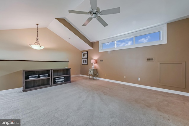2012 Quay Village Ct Unit 202, Annapolis, MD 21403 - unfurnished living room featuring carpet flooring, a ceiling fan, vaulted ceiling, and baseboards