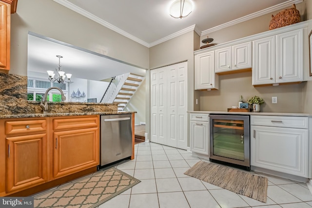 2012 Quay Village Ct Unit 202, Annapolis, MD 21403 - kitchen with beverage cooler, stainless steel dishwasher, crown molding, a sink, and a chandelier