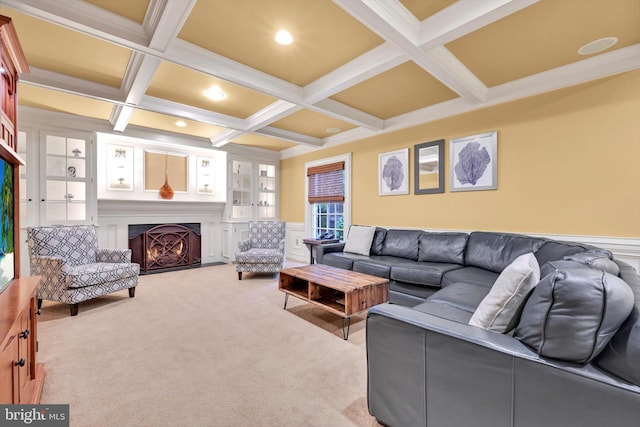 1716 Olmsted Way E, Camp Hill, PA 17011 - carpeted living room featuring beamed ceiling, coffered ceiling, a lit fireplace, built in shelves, and recessed lighting