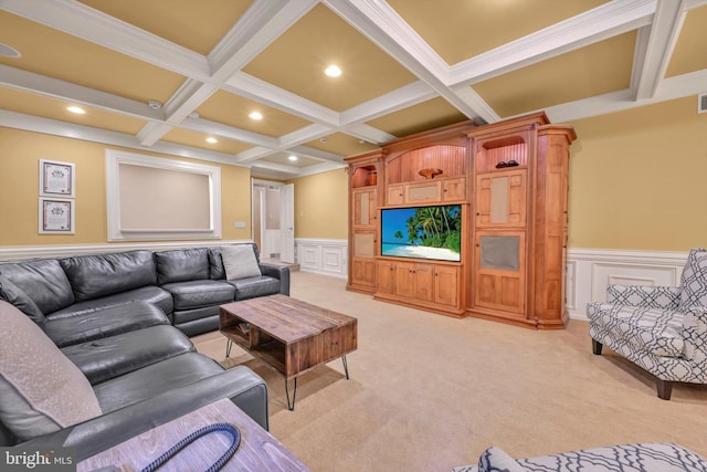 1716 Olmsted Way E, Camp Hill, PA 17011 - living room featuring beam ceiling, coffered ceiling, a wainscoted wall, a decorative wall, and light colored carpet