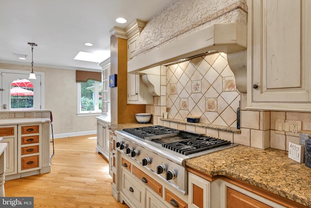 1716 Olmsted Way E, Camp Hill, PA 17011 - kitchen featuring stainless steel gas cooktop, crown molding, decorative backsplash, light wood-type flooring, and recessed lighting