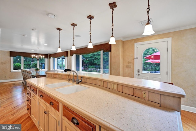 1716 Olmsted Way E, Camp Hill, PA 17011 - kitchen with a sink, light wood-style flooring, a chandelier, baseboards, and crown molding