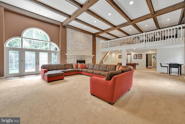 1716 Olmsted Way E, Camp Hill, PA 17011 - living area featuring carpet flooring, a high ceiling, a large fireplace, recessed lighting, and beam ceiling
