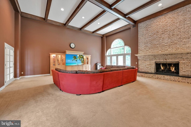 1716 Olmsted Way E, Camp Hill, PA 17011 - carpeted living area featuring a high ceiling, beam ceiling, a brick fireplace, recessed lighting, and baseboards