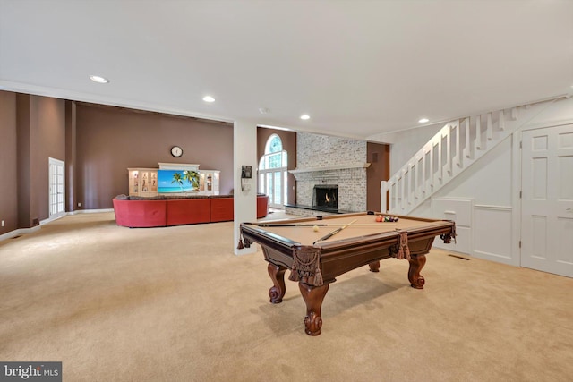 1716 Olmsted Way E, Camp Hill, PA 17011 - playroom featuring carpet floors, billiards, a fireplace, and recessed lighting