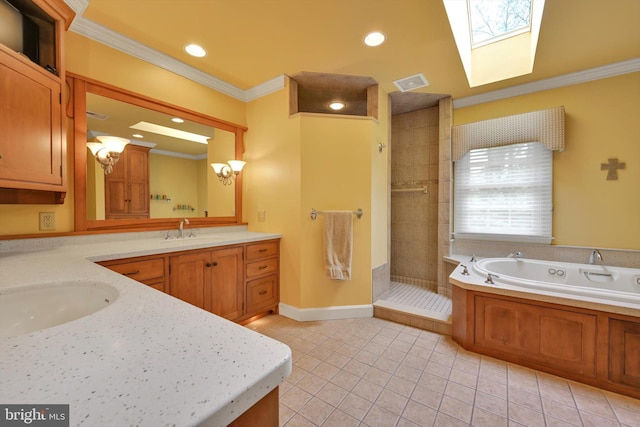 1716 Olmsted Way E, Camp Hill, PA 17011 - bathroom featuring crown molding, double vanity, tile patterned floors, a garden tub, and a shower stall