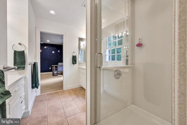 1716 Olmsted Way E, Camp Hill, PA 17011 - bathroom featuring vanity, a shower stall, tile patterned floors, baseboards, and connected bathroom