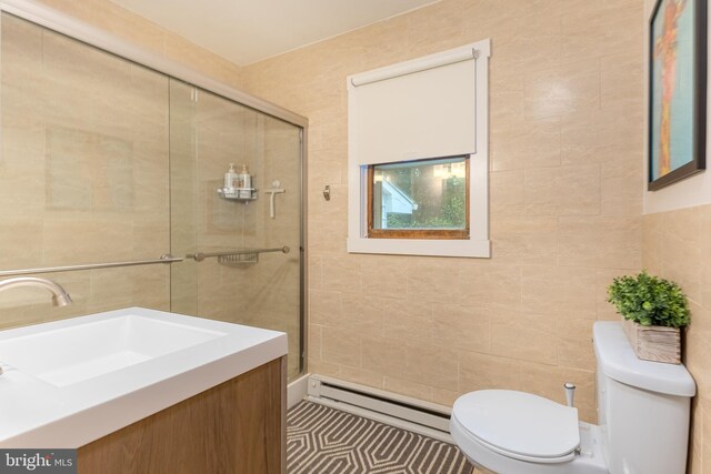 1051 Taylor St, State College, PA 16803 - full bath featuring tile walls, a baseboard radiator, toilet, a shower stall, and a sink