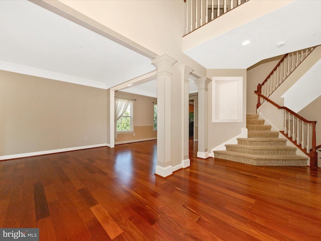 15 Wagon Shed Ln, Middletown, MD 21769 - entrance foyer with ornate columns, stairs, wood finished floors, baseboards, and ornamental molding
