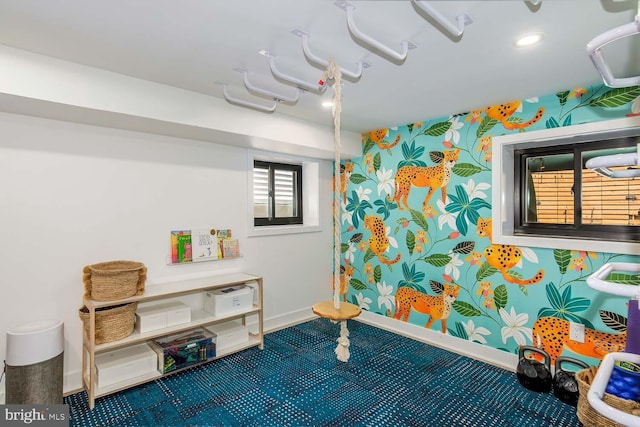 game room with baseboards, recessed lighting, and wallpapered walls