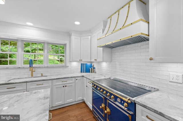 512 Worthington Rd, Chester Springs, PA 19425 - kitchen featuring premium range hood, white cabinets, a sink, decorative backsplash, and crown molding