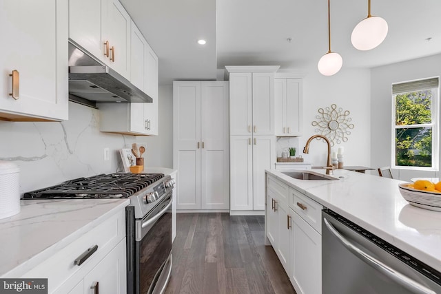 1201 Staples St NE Unit 1, Washington, DC 20002 - kitchen with stainless steel appliances, a sink, under cabinet range hood, dark wood-type flooring, and white cabinetry